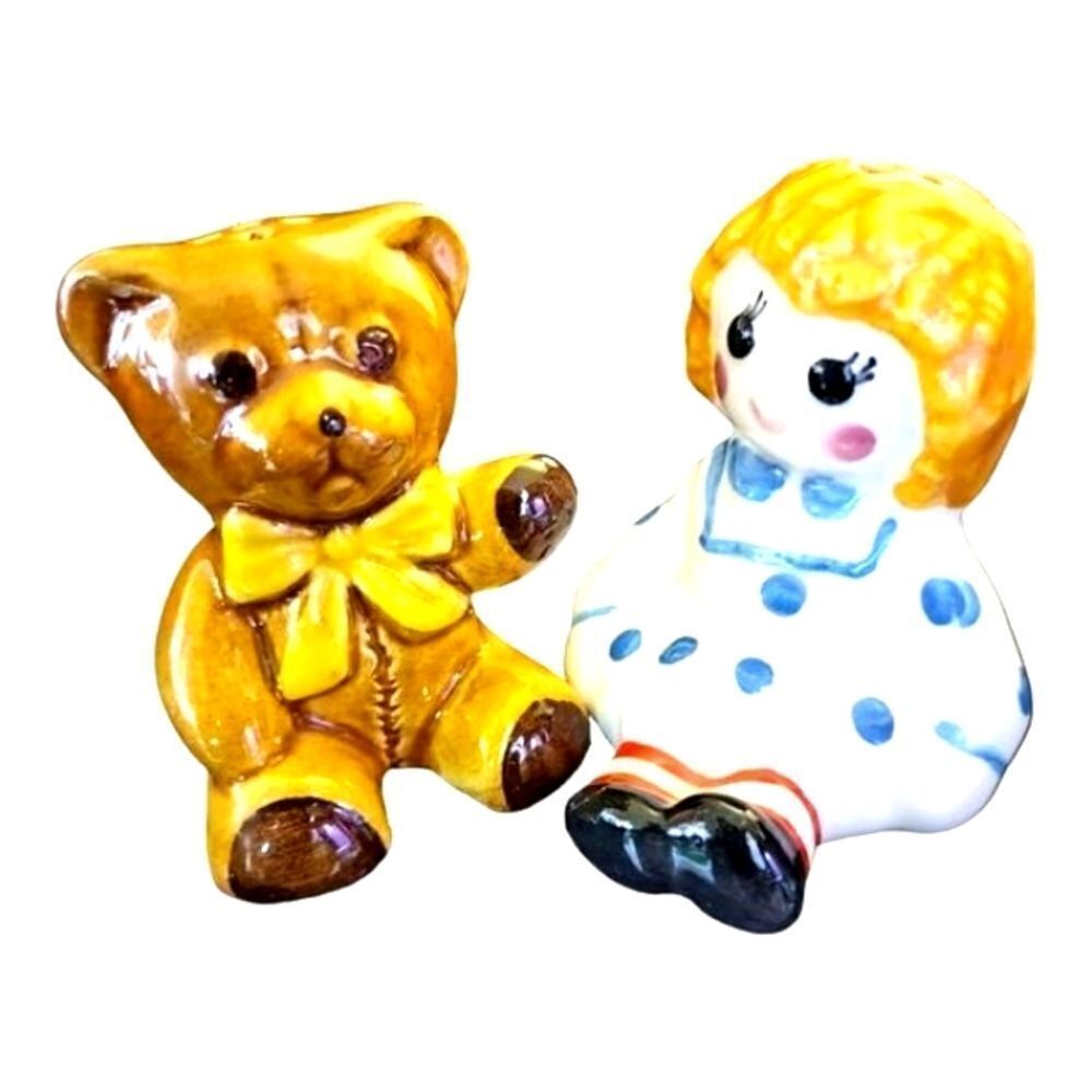 AVON  RAGGEDY ANN & TEDDY SALT& PEPPER Shaker WEISS Painted  BRAZIL CERAMIC